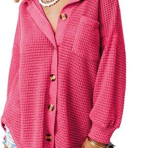 Womens Waffle Knit Shacket Jacket Casual Long Sleeve Button Down Shirts Dressy B